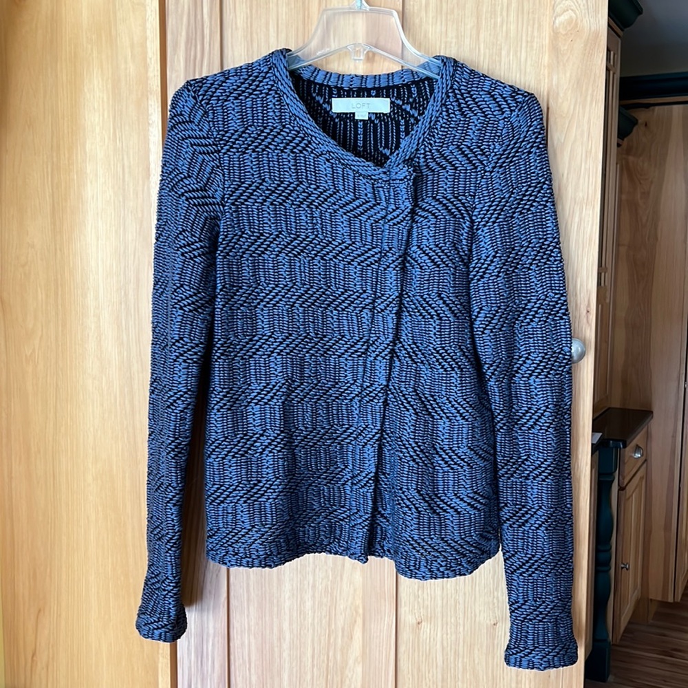 LOFT BLUE ON BLUE DIAGONAL ZIP CARDIGAN SMALL viscose nylon polyester